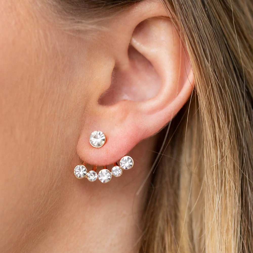 Gold and crystal rhinestone ear jacket earrings